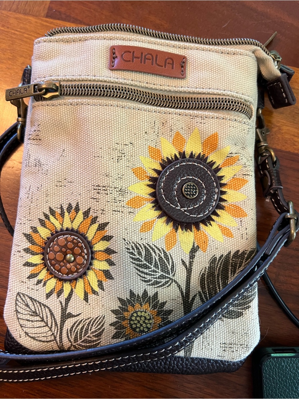 Chala Beige Sunflower Crossbody Bag with Yellow Accents
